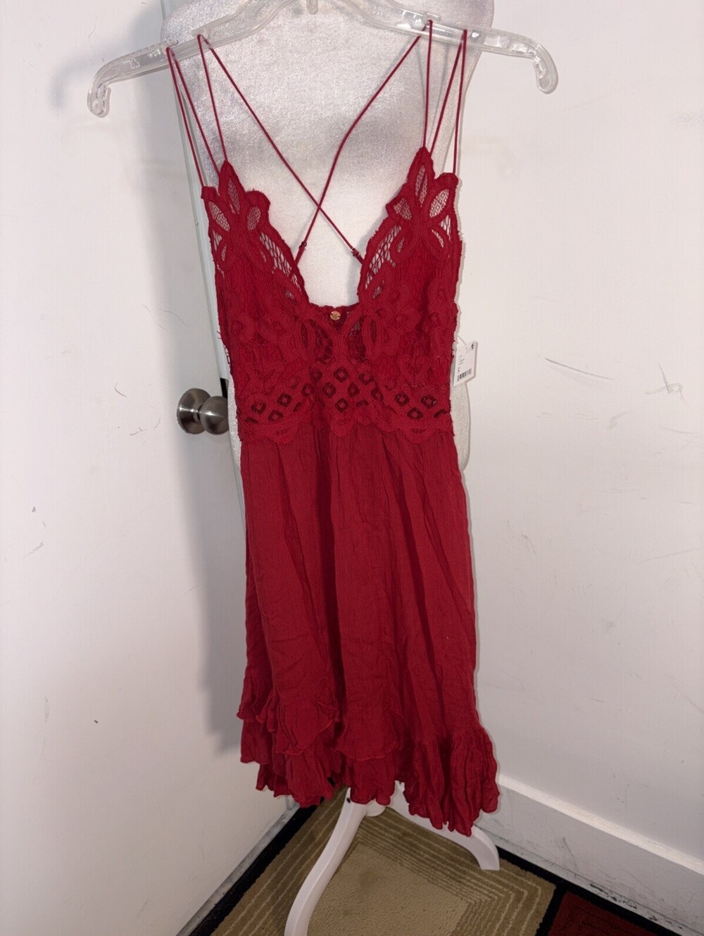Free People Adella Red Lace Dress Boho Size S Beach Peasant New With Tags